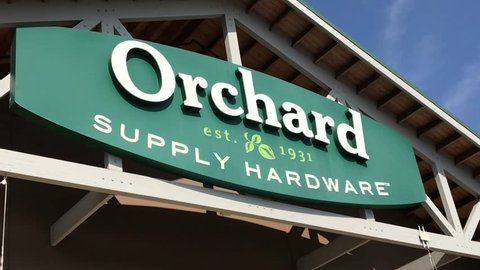 LOS ANGELES, Sep 1, 2018: Close up of an OSH Orchard Supply Hardware store sign and logo above a West LA store against a blue sky. The chain is set to close for good on October 20th