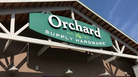 LOS ANGELES, Sep 1, 2018: Low angle close up of an OSH Orchard Supply Hardware store sign and logo above a West LA store. The chain is set to close for good on Oct 20th.
