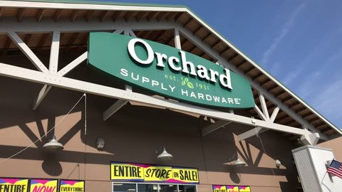 LOS ANGELES, Sep 1, 2018: Low angle close up of an OSH Orchard Supply Hardware store sign and logo above a West LA store. The chain is set to close for good on Oct 20th.