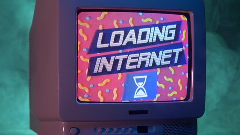 Connecting to the Internet in the 90's animation on a old vintage TV screen. 
