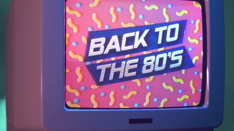 BACK TO THE 80's animation on a old vintage TV screen. Zooming out with fog giving a retro look at the scene.