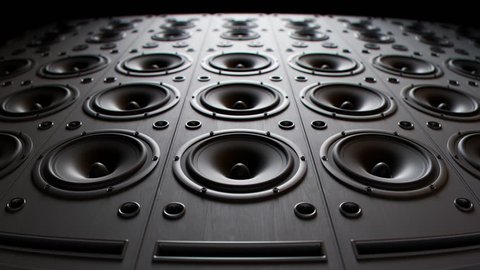 Modern speakers playing, stacked in an endless wall pattern loop. Powerful membranes in closeup, vibrate in even frequencies suggesting loud, high decibel music. Audiophile electronic equipment.
