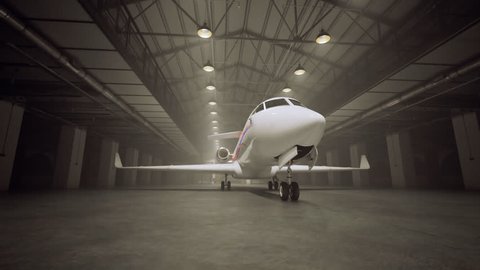 Animation of a private jet standing in the hangar. Lights gradually turning on.

