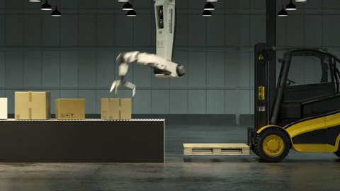 Modern, advanced, robot arm loading and stacking cargo boxes from the line onto a forklift inside a vast warehouse. Fast, slick and efficient and sophisticated piece of technology working effortless.
