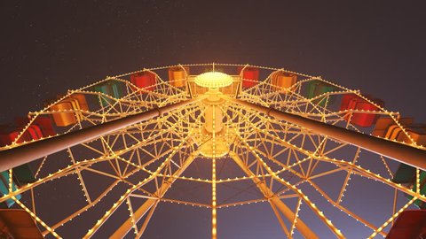 Big, colorful Ferris wheel spinning slowly during beautiful, starry night in an endless loop. Countless little lights illuminating the metal construction revealing its complexity, creating dreamy mood – Video có sẵn
