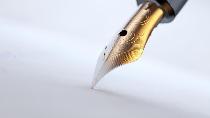 Gold and silver, detailed quill pen writing with ink on a sheet of paper. Close up of a blue ink sinking into a sheet of paper. Sign of agreeing and fulfiling an agreement.
 Royalty-Free Stock Footage #1015905739