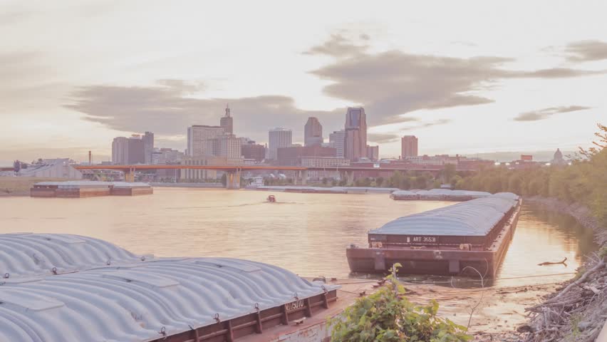 4K UHD Timelapse Shot of a Vibrant Summer Sunset over the Mighty Mississippi River and Downtown St. Paul, the Capitol of Minnesota