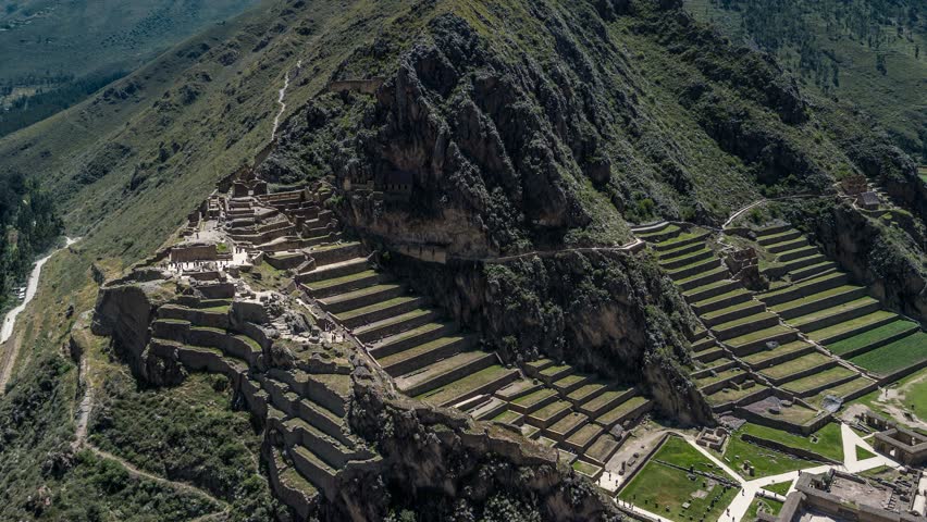 Aerial View of Temple of the Sun, Ollantaytambo Sanctuary, Ancient Incan City, Inka Watana, Ollaytantambo, Peru