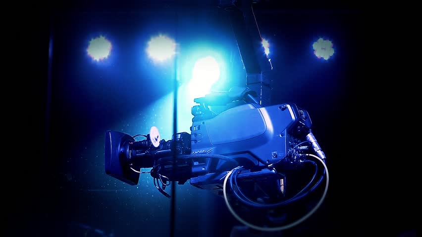 Television Studio with Overhead Camera Crane and Lights. 