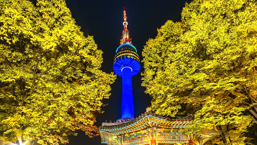 4K, Time lapse view of Seoul Tower in autumn at Night landmark of Seoul city South Korea Royalty-Free Stock Footage #1015919305