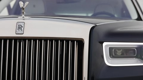 2018-09-04, Riga, Latvia: NEW Rolls Royce Phantom 2018 model. Editorial video. Spirit of Ecstasy and front part of a car. 