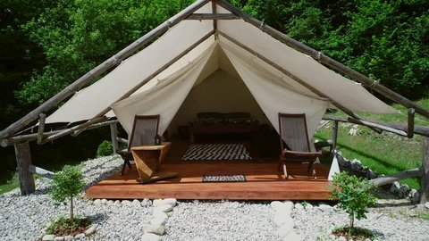 Tracking shot of a glamping tent in an eco camping in Slovenia.
