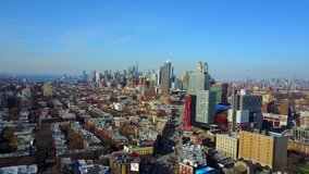 This video shows a distant view of the downtown Brooklyn skyline. 