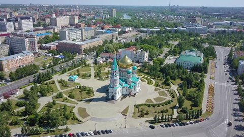 The Cathedral of the Assumption of the Blessed Virgin Mary, panoramic views of the city. Omsk, Russia, From Dron, Point of interest