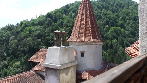 Detail of roofs and tower seen from inside the Bran Castle in Transylvania, Romania on June 26, 2017;also known like Dracula's castle.In the background the woods around the castle of medieval origins