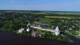 View of the old fortress from the river Volkhov, July day (aerial video). Staraya Ladoga, Russia   