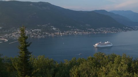 accelerated clip - the beauty of the "Bay of Kotor" and the leaving cruise ship, ("Boka Kotorska"), Montenegro