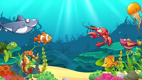 Aquatic animals in underwater world, footage and animation.