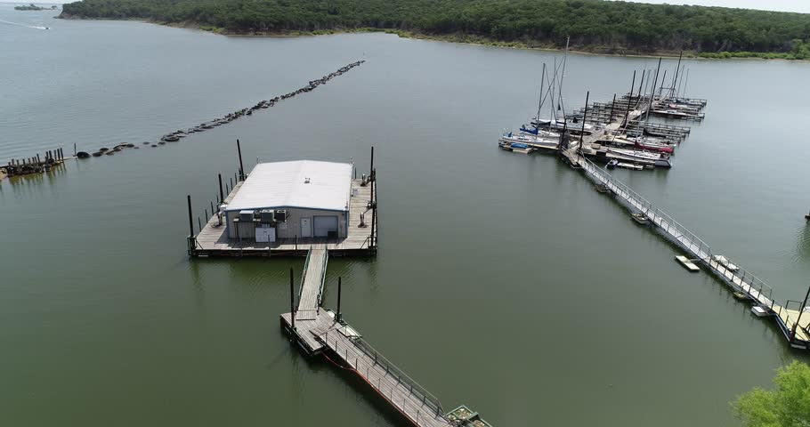 Aerial footage of Mill Creek Marina on Lake Texoma on the Texas side.