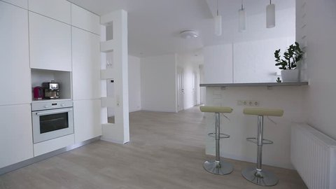 Open space with living and kitchen. Marble kitchen and large pantry. Nobody inside