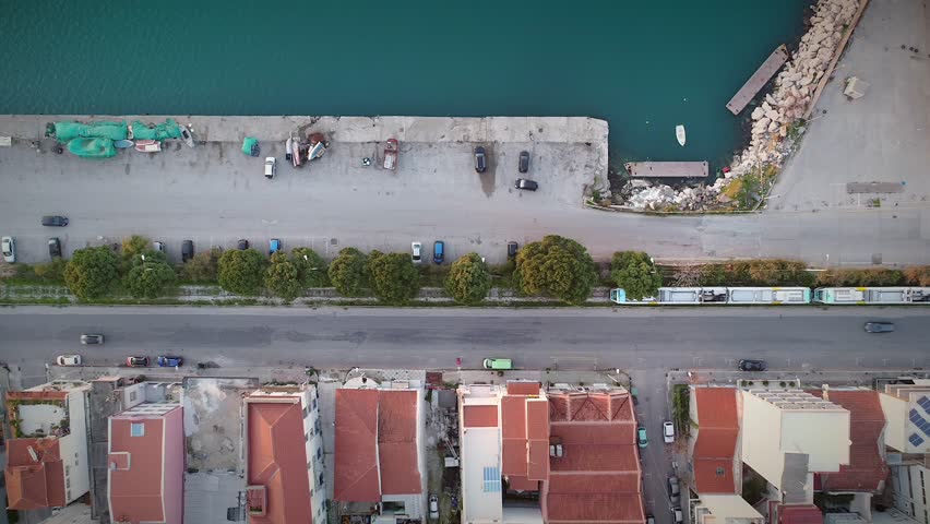 Aerial view of a tram and traffic in Patras, Greece.