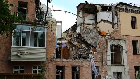 Ruins of building after gas explosion inside living premise, Kiev, Ukraine. Destruction of the house from gas explosion, building to be demolished