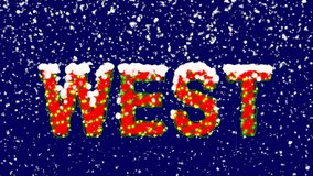 New Year text text WEST. Snow falls. Christmas mood, looped video. Alpha channel Premultiplied - Matted with deep blue RGB(04:00:5B)