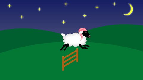 Counting Sheep that Jumping Above a Wooden Fence in a Starry Night with a crescent Moon cartoon animation