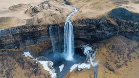 Aerial view of Seljalandsfoss waterfall, Beautiful waterfall in Iceland. 4K