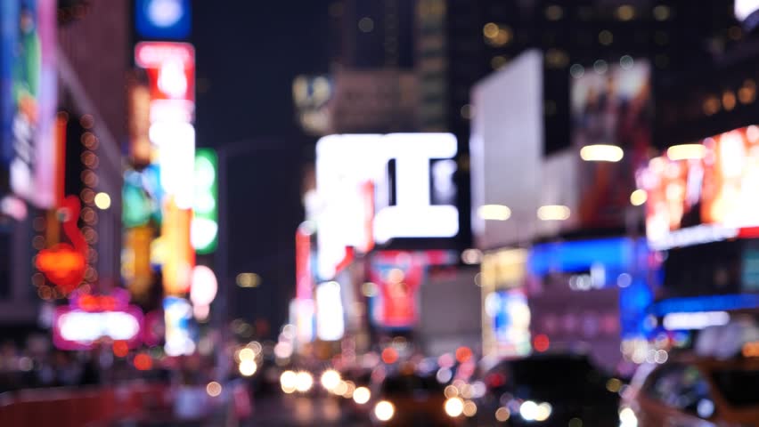 Times Square At Night out of focus traffic, billboard and lights, New York City Royalty-Free Stock Footage #1016008417