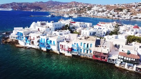 Aerial panoramic view of iconic colourful little Venice in old town of Mykonos island on a beautiful spring morning, Cyclades, Aegean, Greece