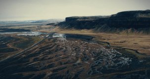 Aerial View of endless Iceland, volcanic desert, filmed by drone