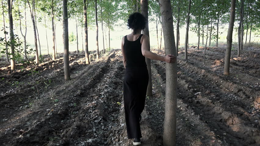 Beautiful brunette woman walk amoung forest trees