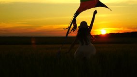 girl running around with a kite on the field at evening. Freedom concept. 4K footage video