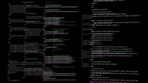Animated programming code scrolling, white characters black background, heavily glitched