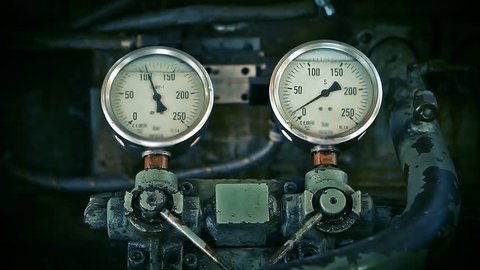 Old Pressure Gauges at the Factory. Close-Up. Zoom In.