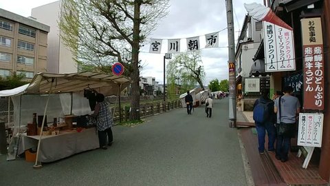 Takayama, Japan - April 24, 2018 : Time lapse, Walking in Miyagawa morning market.