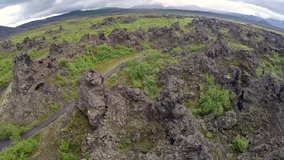 Dimmuborgir, Iceland. Barren volcanic landscape of bizarre Dimmuborgir lava formation near Lake Myvatn, Iceland