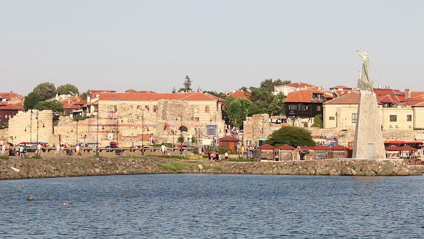 Saint Nicholas monument and old town Nessebar cityscape Bulgaria