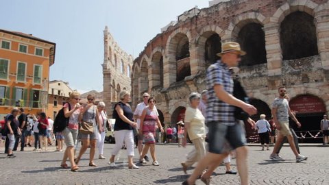 Verona,Italy-July 2018 Tourists near the Ancient Arena Famous Landmark