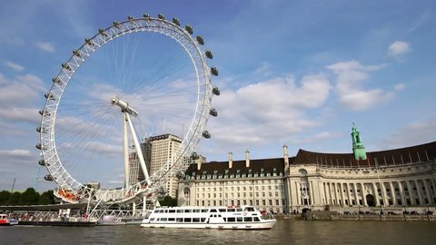 Low angle view drone shot of London Eye ferris wheel over Thames River in London UK