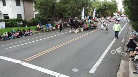Beaverton, Oregon/USA - September 8 2018: Horses pull wagon in the Beaverton Celebration Parade