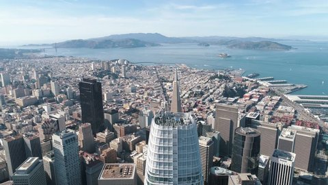 Saleforce Tower, San Francisco, California, USA - July, 2018. Saleforce Tower is San Francisco’s tallest building, formerly known as the Transbay Tower. Aerial, Drone, 4K