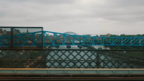 Newcastle bridges viewed from train crossing the River Tyne