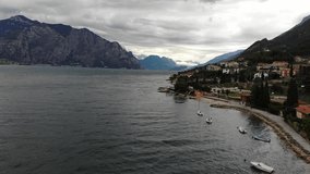 lake garda italy early in the morning, summer,  aerial view, drone footage