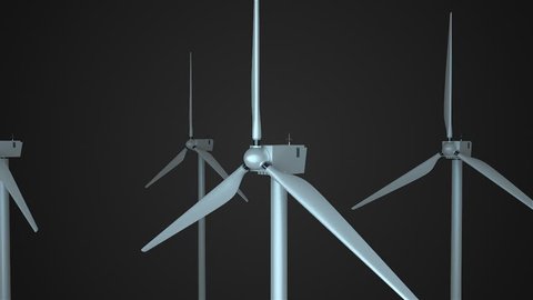 Rotating windmills in space, 3d rendering background, computer generating for ecology design