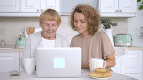 Video call. Grandmother And Granddaughter Communicate On Internet Using Laptop.