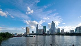 Timelapse landscape sunny day clear sky of Ho Chi Minh city or Sai Gon. Royalty high quality free stock footage time lapse of Ho Chi Minh City in clouds sky.  Timelapse or time lapse is fast video
