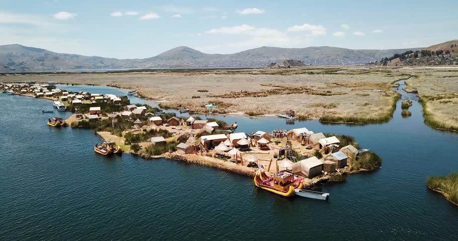 Aerial view of floating islands of Uros at Lake Titicaca video