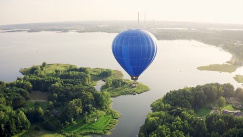 Hot Air Balloon Above Lake City, Aerial View
